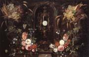 Jan Van Kessel Still life of various flowers and grapes encircling a reliqu ary containing the host,set within a stone niche painting